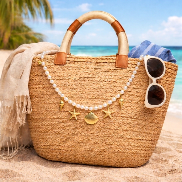 Seashell Starfish Purse Charm Chain Gold Tone Faux Pearl Bag Accessory Jewelry - Picture 3 of 6